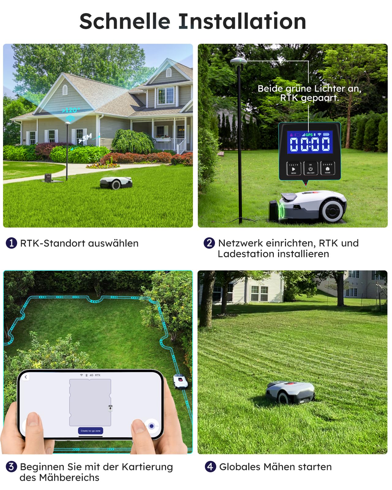 ANTHBOT KI Drahtloser Mähroboter ohne Begrenzungskabel Genie600 - max. 900m², RTK+4-Kamera-Vision, Mehrzonen-Management, Hindernisvermeidung