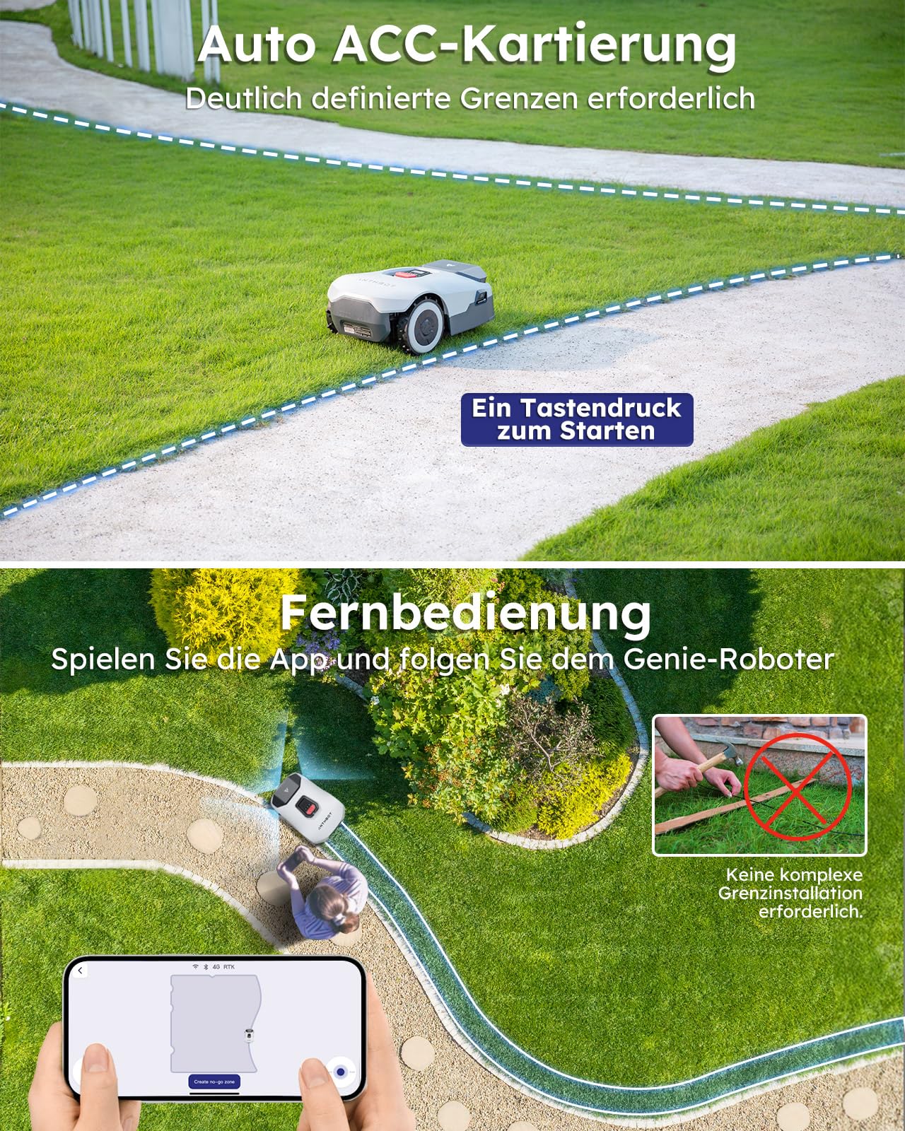 ANTHBOT KI Drahtloser Mähroboter ohne Begrenzungskabel Genie600 - max. 900m², RTK+4-Kamera-Vision, Mehrzonen-Management, Hindernisvermeidung